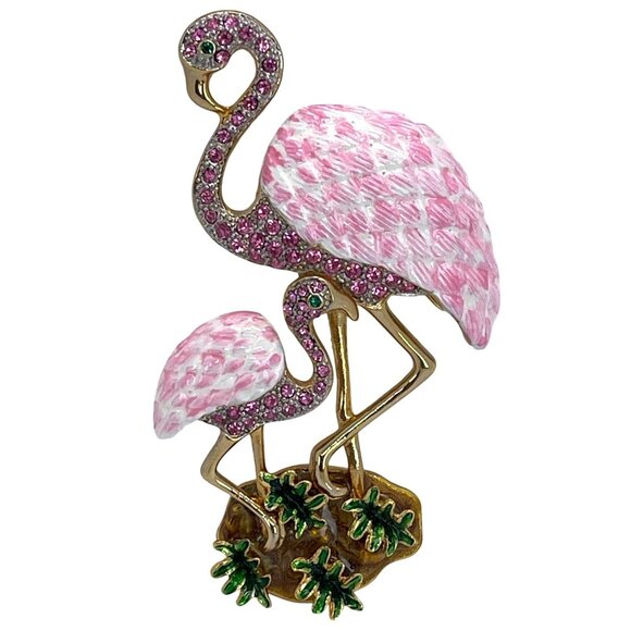 Tropical Pink Rhinestone Crystal Flamingo Mother Baby Chick Enamel Brooch Pin - Picture 2 of 8